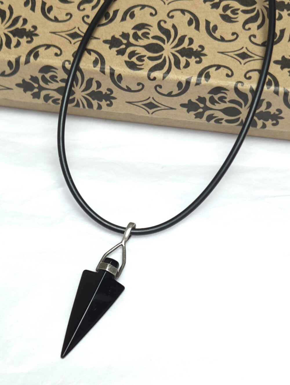 Handmade Black Onyx Arrow Head Sterling Silver Leather Cord Necklace